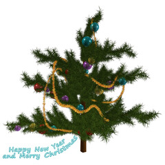 3D image. Christmas tree with toys and "rain"