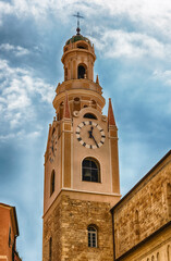 Fototapeta na wymiar Bell tower of the romanic Cathedral of Sanremo, Italy