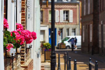 Fototapeta na wymiar Beautiful view of scenic medieval old street of Normandy, with historic traditional houses, cobbled street in an old town in Europe. Pink flowers of geranium in pot on the window