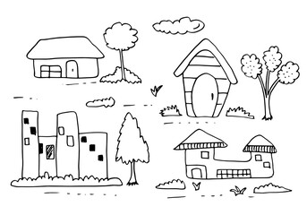 Hand drawn house  and trees vector set