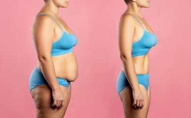 Woman's body before and after weight loss on pink background