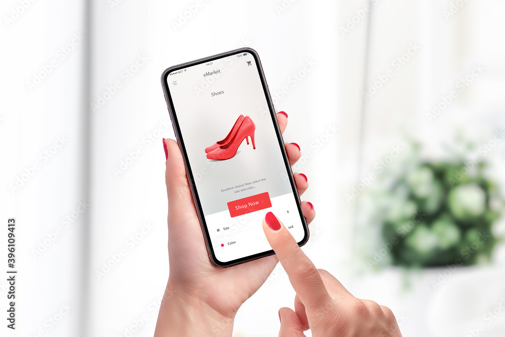 Poster woman buy red shoes online with e-commerce app or web site with smart phone. modern flat design inte
