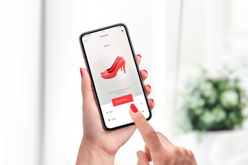 Woman buy red shoes online with e-commerce app or web site with smart phone. Modern flat design interface