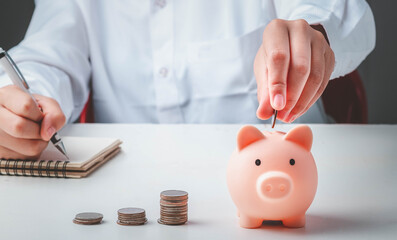 business finance saving and investment concept.hand holding coins putting into piggy bank and...