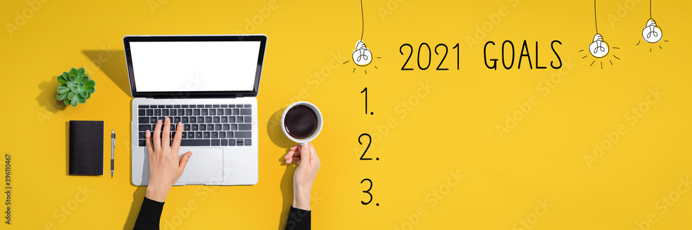 Poster 2021 goals with person using a laptop computer