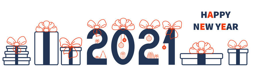 HAPPY NEW YEAR 2021 text. Figures and gifts. Horizontal banner template for your holiday flyers, greeting and invitation cards, website headers, advertisements. Vector illustration