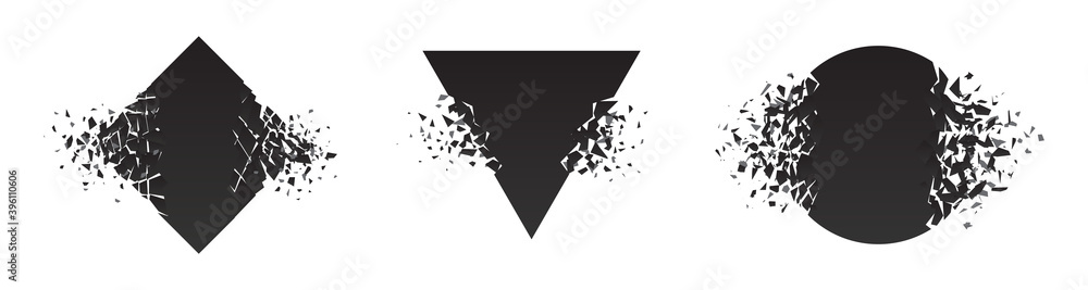 Sticker shape shattered and explodes flat style design vector illustration set isolated on white background.