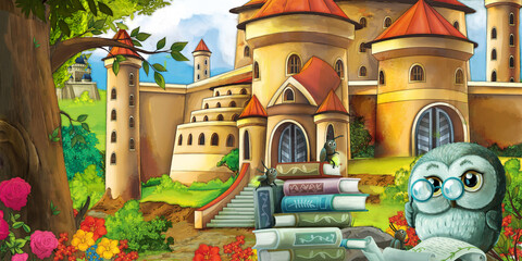 Cartoon nature scene with beautiful castle near the forest with forest animal