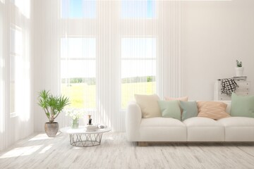 White living room with sofa. Scandinavian interior design. 3D illustration