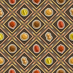 Vector Fruit Seamless Pattern, square repeating fruit background, isolated illustrations of summer fruits on dark background, diamond seamless pattern with flat lay fresh organic produces in cells.