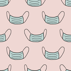 Cute doodle medical mask seamless pattern. Healthcare concept background. Vector illustration.