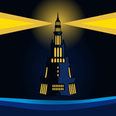 Lighthouse on the sea. Illustration of a lighthouse at sea in the dark as a signal of hope