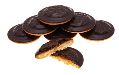 chocolate biscuit cookies with orange jam isolated