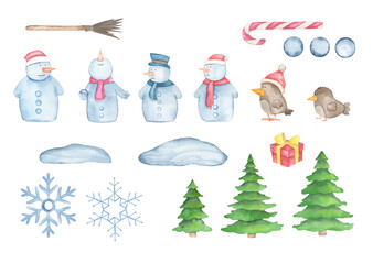 Watercolor hand drawn Clipart with a cute Snowman in the hats, Christmas trees, gift boxes and snowflakes.