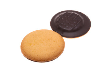 Obraz na płótnie Canvas chocolate biscuit cookies with orange jam isolated