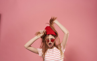 Beautiful woman in fashionable clothes backpack luxury lifestyle pink background