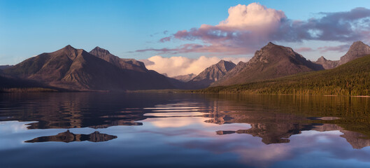 Beautiful Panoramic View of Lake McDonald with American Rocky Mountains in the background. Cololful...