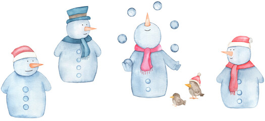 Watercolor hand drawn New Year card with a cute Snowman in the hats,birds and snow.