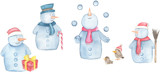 Watercolor hand drawn New Year card with a cute Snowman in the hats, birds, red gift and snow.
