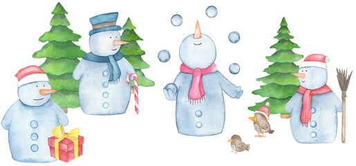 Watercolor hand drawn New Year card with a cute Snowman in the hats, Christmas trees, gift boxes and snow.