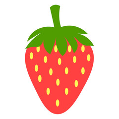 Obraz premium Cute strawberry with leafs in flat style isolated on white background. Fruit or berries icon. Vector illustration. 