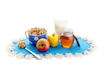 Breakfast with cornflakes and apples