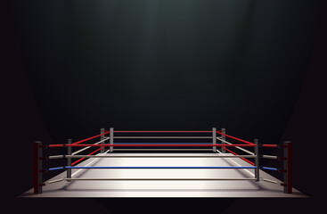 Boxing ring isolated on black abstract background lit by a spotlight, vector illustration
