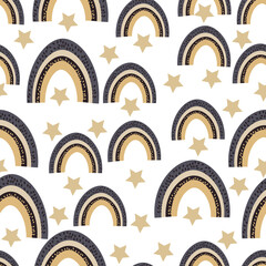 A seamless pattern with animals, stars and rainbows in a flat style for children’s apparel, stationery, accessories, textiles. Illustration. 