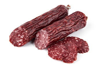 Salami smoked sausage piece isolated on white background. Salami, salami smoked sausage. Smoked meat. Meat products. Ingredients for the sandwich.