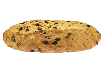 freshly baked traditional Saxon Christmas Stollen still without powdered sugar finish isolated on white background