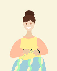 A woman knits on her knitting needles and smiles