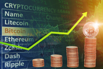 Bitcoin trading price rising new high concept,BTC coin stacked overlay with chart up arrow for cryptocurrency market news.