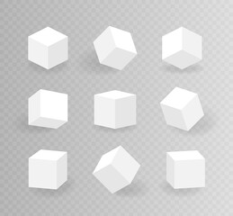 Set of different shape cubes. Isometric cube isolated on transparent background. Modern vector illustration