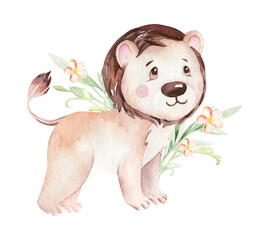 Watercolor cute cartoon baby lion animal illustration.Safari zoo character isolated on white background. Nursery Hand painted tropical little baby cat for nursery print poster design and baby shower