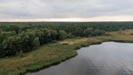 Trzebiez, Poland. Aerial view on coast of Zalew Szczecinski and forest. Drone photo 