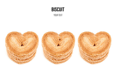 Puff pastry cookies. Fresh puff pastry cookies in the shape of a heart. Classic French pastries. Pig ear, elephant ear cookies, French hearts. Heart shaped puff pastry isolated on white background