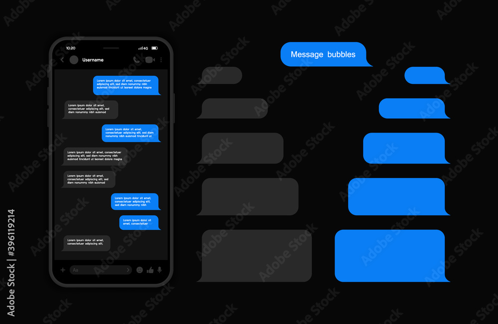 Poster messenger ui and ux concept with dark interface. smart phone with messenger chat screen. sms templat