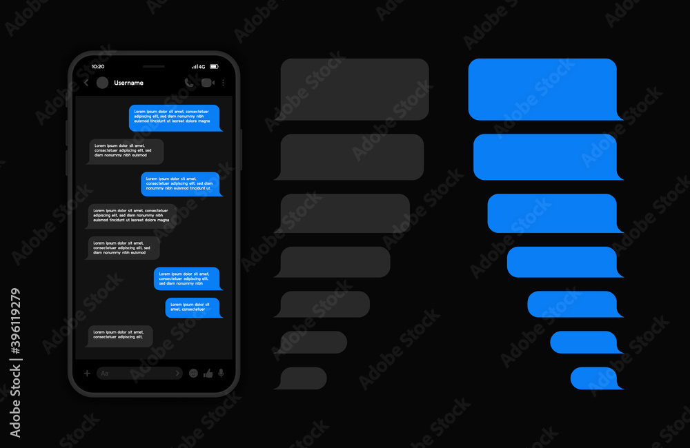 Poster messenger ui and ux concept with dark interface. smart phone with messenger chat screen. sms templat