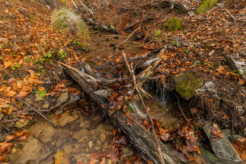 Waterfall under Cernava in east Moravia region in autumn winter cold day