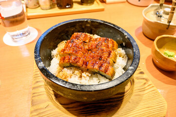 Unagi Don grilled on rice bowl, traditional Japanese food.