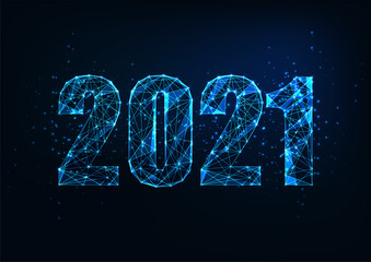 Futuristic New Year digital web banner template with glowing low polygonal 2021 number on dark blue - obrazy, fototapety, plakaty