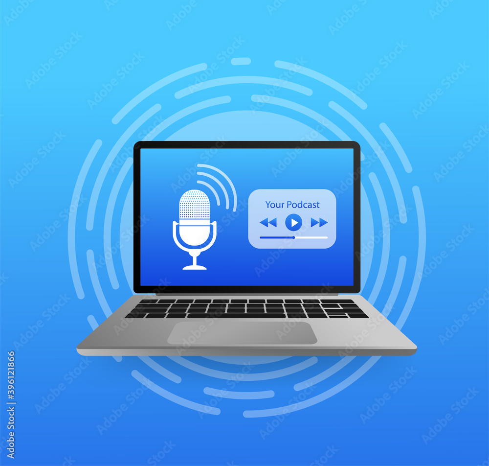 Wall mural design template with podcast display. mobile interface design. laptop screen. template media player.