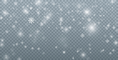 Snowfall background. Christmas snow. Falling snowflakes on transparent background. Xmas holiday decoration. Vector illustration