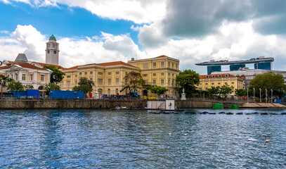 A view from a boat across the colonial district towards the bay area in Singapore, Asia