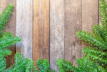 christmas tree branches on wooden background