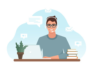 Home office concept, online education. Man with headphones and a laptop working from home, student or freelancer. Vector illustration in flat style.