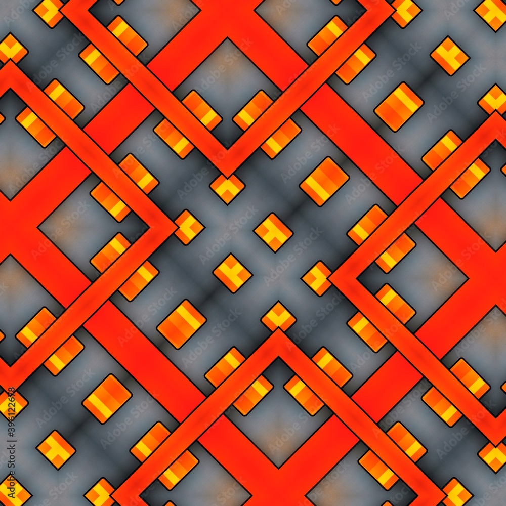 Poster 3d illustration of brightly red and orange coloured rectangular blocks on a grey background