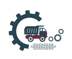Vector illustration of the icon and logo of a truck, dump truck for construction work of enterprises and organizations. Automotive engineering.
