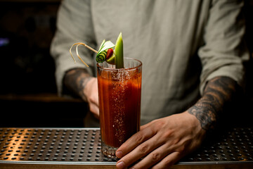 bartender holding glass of drink decorated with slice of fresh green cucumber on bar