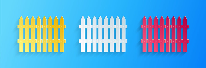 Paper cut Fence wooden icon isolated on blue background. Garden fence sign. Paper art style. Vector.